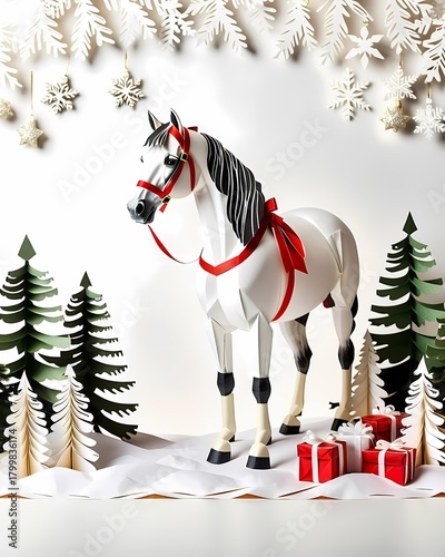 A serene white horse figurine, elegantly adorned with a festive red ribbon and amidst a snowy, winter wonderland setting, evoking the magic of the holiday season. 