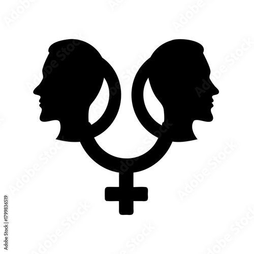 Female gender identity symbol with two women's profiles. Vector, illustration