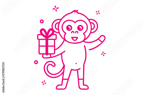 Line art magenta monkey character presents gift while waving cheerfully on white backdrop
