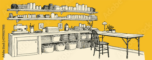 A yellow background with a white shelf with a bunch of books on it. A chair is in front of the shelf