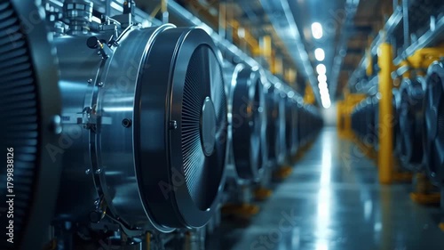 Modern data center with rows of powerful cooling fans for server equipment
