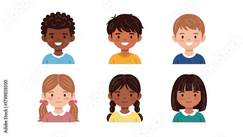 Diverse Group of Kids Avatars: Multi-Ethnic Happy Boys and Girls Portraits Set for School, Community, and Education