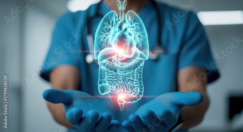 Doctor holding a holographic projection of the human digestive and respiratory systems, highlighting areas of concern.