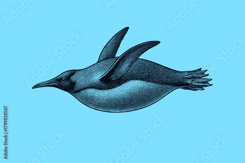 Neon Retro Penguin Poster — Vintage Xerography Engraving Style Swimming Bird Illustration in Bold Blue Minimal Background