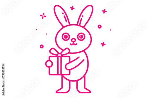 Pink linear rabbit happily carries present surrounded by playful shapes on a white background