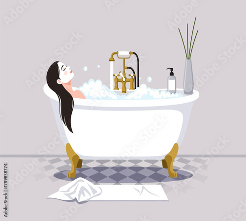 Illustration of a serene woman with long black hair relaxes in a luxurious bathtub filled with bubbles, enjoying a moment of peace and tranquility isolated on white background