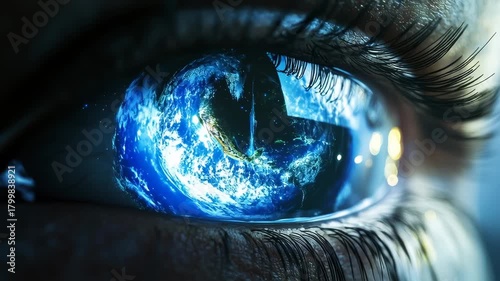 Earth reflected in a human eye, a concept of global vision and awareness