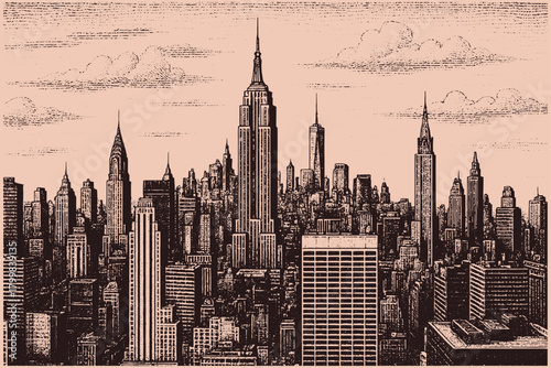 Retro New York City Poster — Vintage Xerography Engraving Skyline Illustration with Classic Downtown Architecture in Warm Tones
