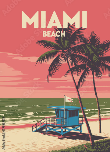 Miami beach  poster featuring lifeguard house, palm trees, coastline, surf, and ocean, detailed vector illustration perfect for vintage travel wall art decor.