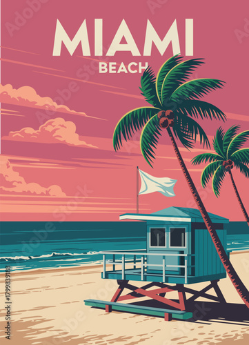 Miami  beach  vintage poster featuring lifeguard tower, palms, coastal view, surf, and ocean, vector illustration perfect for printable wall art and interior decor.