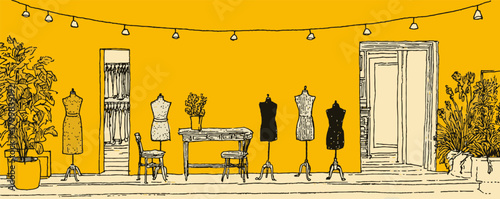 A room with a yellow and black color scheme, featuring a table and chairs, and a collection of mannequins