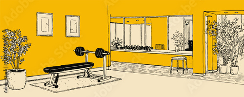 A gym with a bench and a plant. The bench is black and the plant is green. The room is yellow