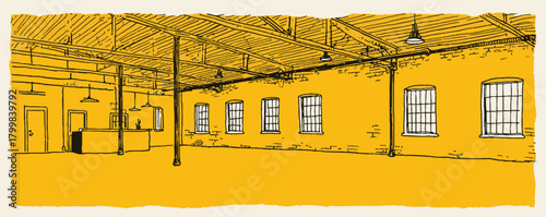A yellow and white drawing of a large room with a lot of windows. The room is empty and has a lot of light coming in from the windows