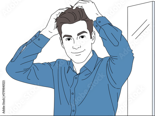 Man Styling Hair In Front Of Mirror For A Sharp Look