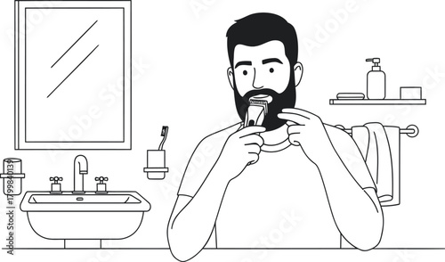 Man grooming his beard in the bathroom