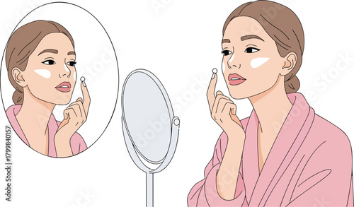 Woman Applying Moisturizer to Her Face in a Mirror