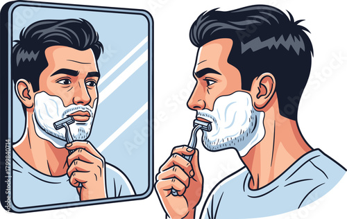 Man Shaving Face With Razor In Front Mirror