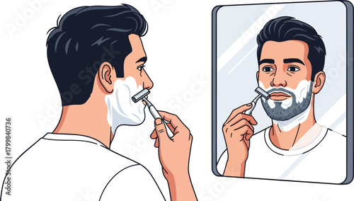 Man Shaving His Beard In Front Of The Mirror