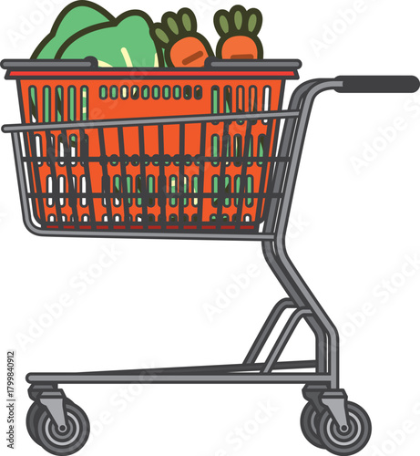 オレンジ色の買い物かごを載せたショッピングカートのイラスト（人参・キャベツ入り）