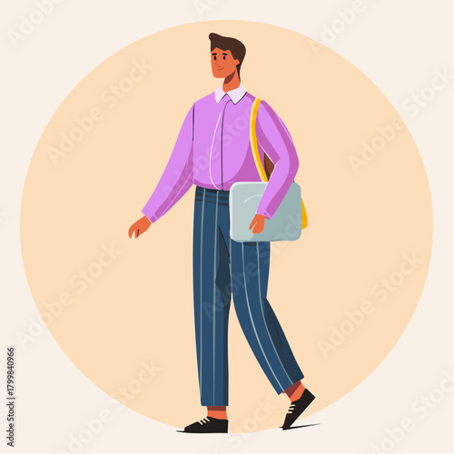 A young man in stylish striped pants and a light purple shirt, confidently walking with a laptop bag slung over his shoulder, depicted in a minimalist illustration style