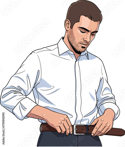 Man fastening belt of trousers for formal attire