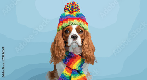 Cavalier King Charles Spaniel, winter hat, rainbow scarf, cute dog, stylized illustration, cold season, cheerful pet, blue background