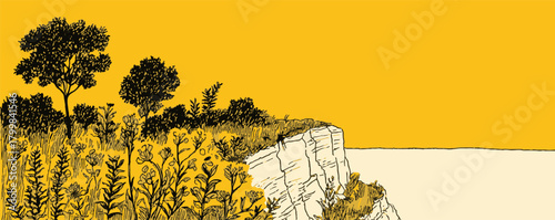 A yellow and black drawing of a forest with a cliff in the background. The trees are tall and the cliff is rocky