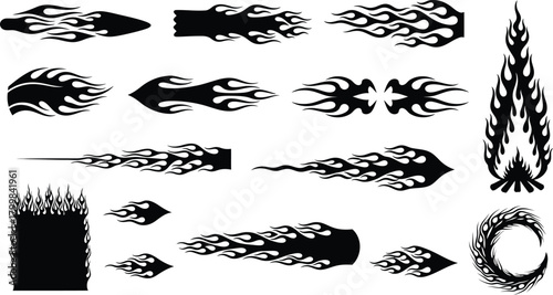 Collection of black flame graphics and tribal designs for vehicle customization and art