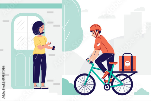 Woman Receiving Delivery Order from Courier on Bicycle with Thermal Bag
