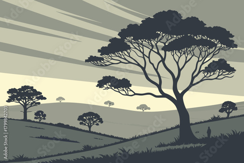 Evening steppe horizon with long horizontal lines, stormy sky gradient, sparse silhouette trees