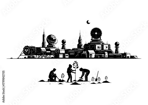 Terraforming a new planet with pioneers planting trees near a space base isolated on transparent background, isolated on white background, Vector