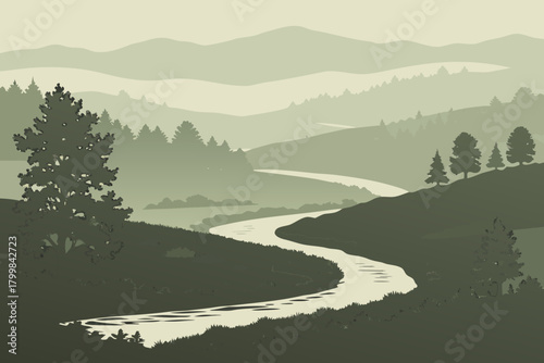 Fog-filled valley with winding river shape, faded background mountains, gentle layered opacity style