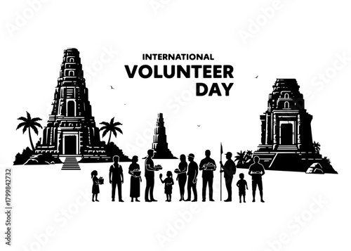 Volunteer day celebration with people and traditional temples isolated on transparent background, isolated on white background, Vector