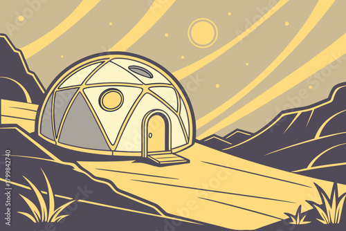 Futuristic ridge landscape with metallic hills, glowing horizon lines, smooth vector contours