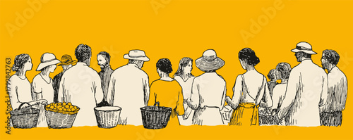 A group of people are standing in a line, some wearing hats. The image has a vintage feel to it. The yellow background adds a warm