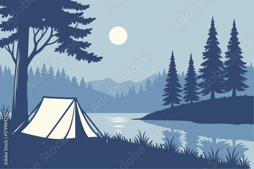 Calm lakeside camping scene with simple tent silhouette, pine reflections, soft twilight gradients