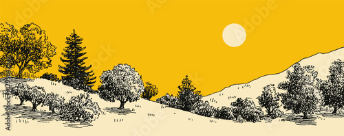 A yellow and black drawing of a forest with a tree in the foreground and a moon in the sky