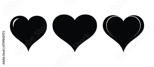 Three black hand drawn hearts in a row on a white background symbolizing love and affection