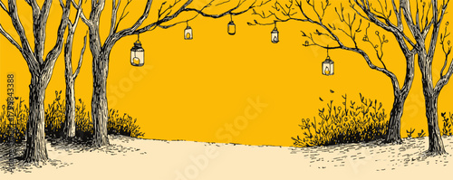 A yellow background with trees and lanterns hanging from the branches. The scene is set in a forest with a warm and inviting atmosphere