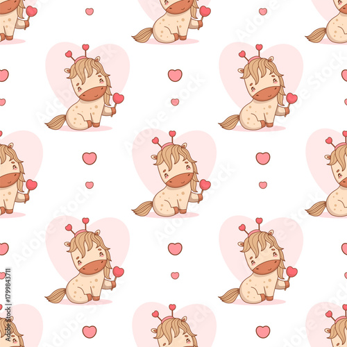 Seamless Valentine pattern. Romantic Cute Horse  on white background with Hearts. Funny Holiday Animal Pony Kawaii character. Vector illustration. Not AI