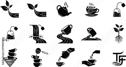 Collection of black and white icons representing growth watering and beverage preparation