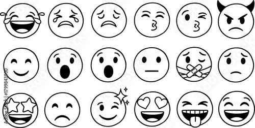 Collection of hand drawn emoji faces expressing a wide range of emotions and sentiments in a simple line art style