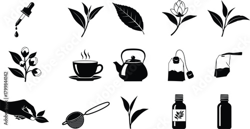 Collection of black and white illustrations of tea leaves tea cups teapots and tea accessories
