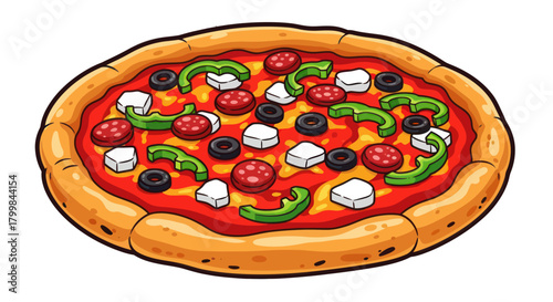 Delicious cartoon style pizza with various toppings isolated on white.