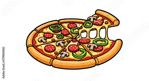 Delicious Hand-Drawn Pizza with a Slice Being Pulled Away.