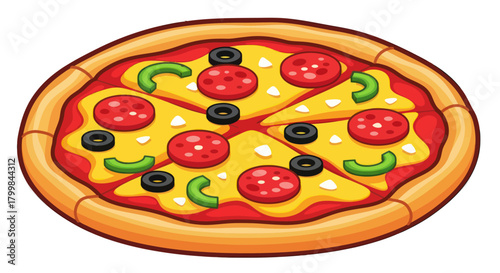 Delicious Cartoon Pizza with Pepperoni Olives and Green Peppers.