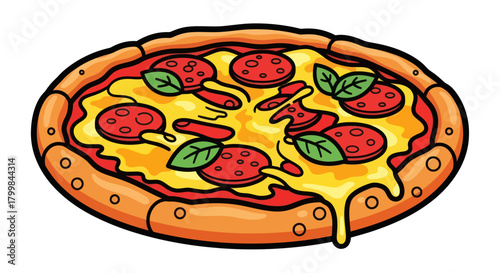 Delicious cartoon pepperoni pizza with melted cheese and basil.