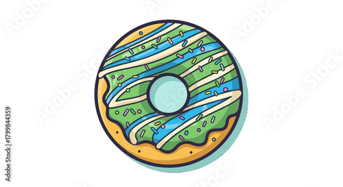 Delicious glazed donut with colorful icing and sprinkles on top ready to eat.