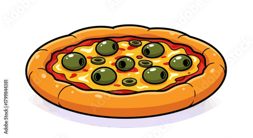 Delicious Olive Pizza Illustration with Golden Crust.