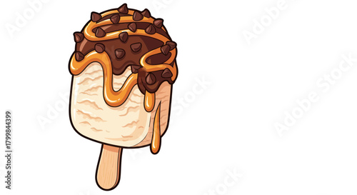 Delicious ice cream bar with caramel and chocolate toppings on a wooden stick.